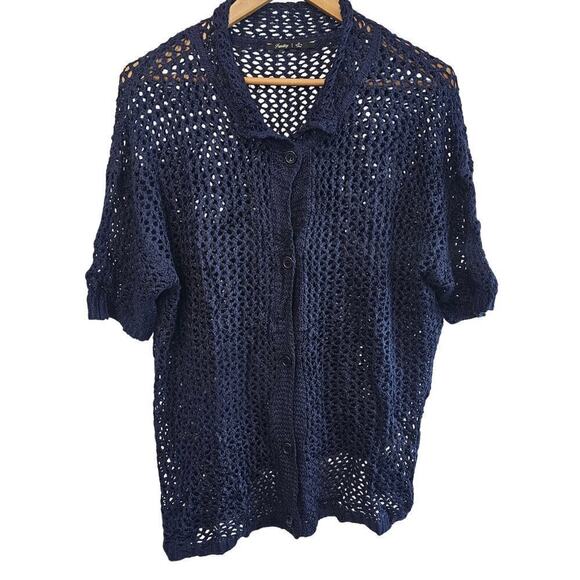 Crochet Knitted Blouse Womens XL Blue Button Top Short Sleeve Sheer Boho Indie - Picture 1 of 9